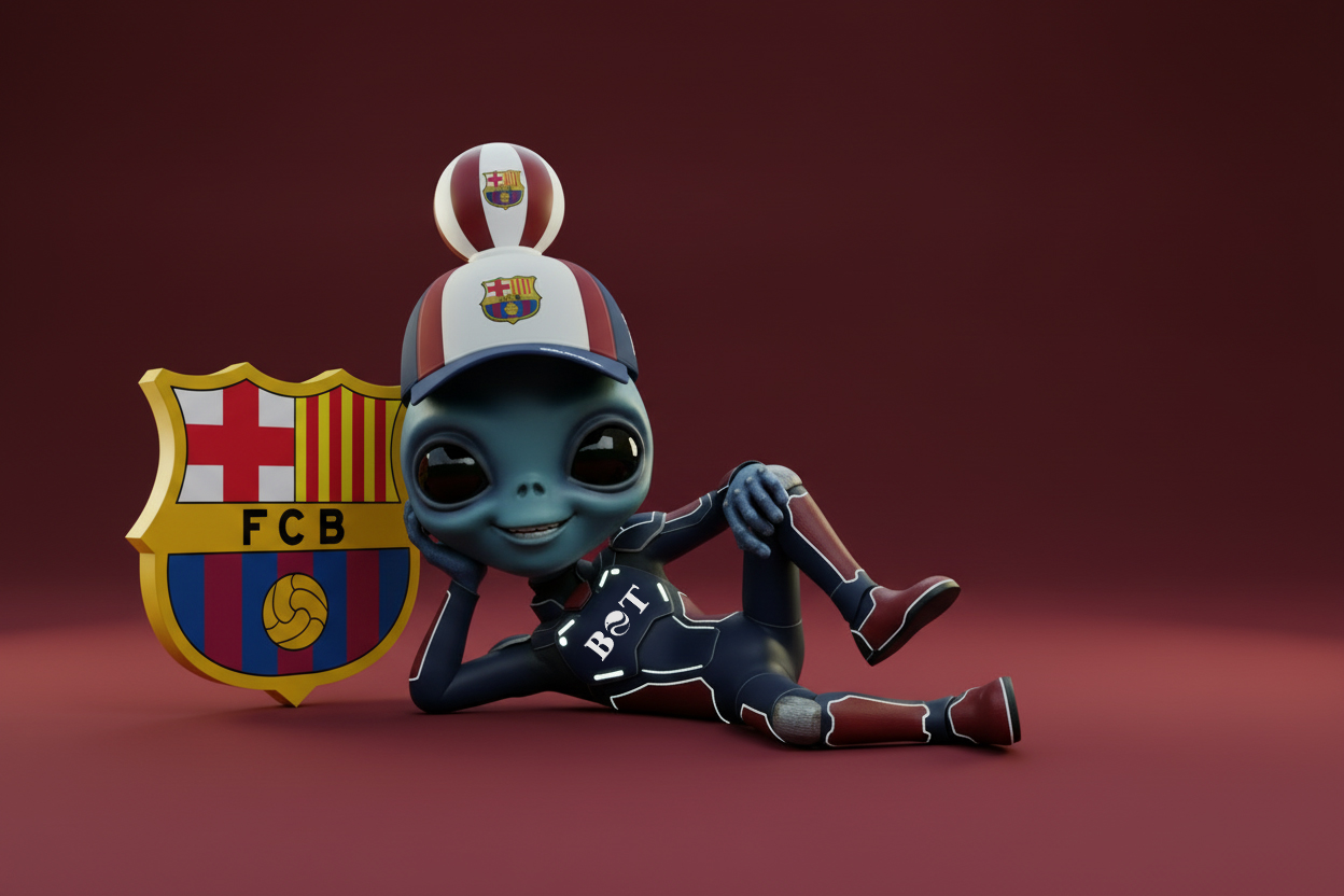 Alien wearing a Ball on Top FC Barcelona cap with an LED ball on top.