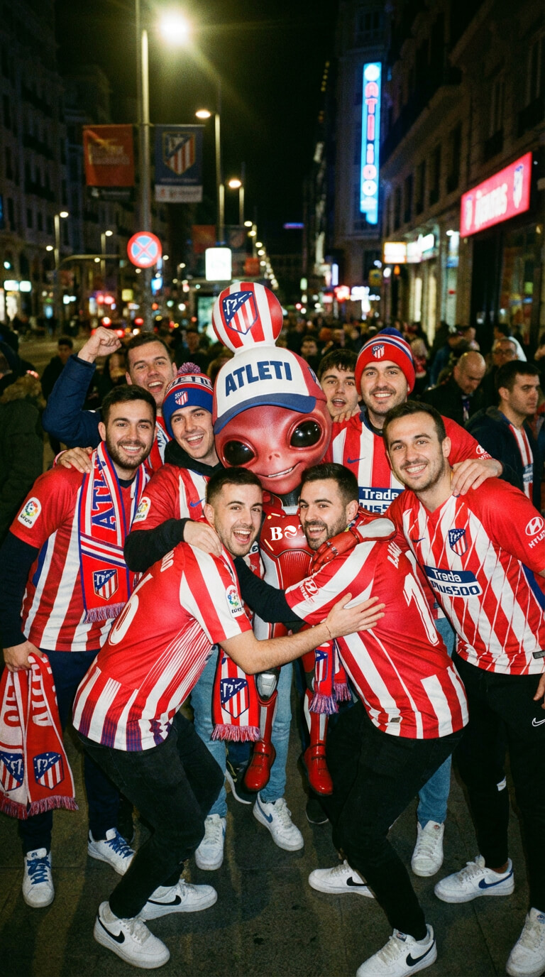 Alien character wearing Atlético de Madrid merchandise by Ball On Top at a fan experience event.