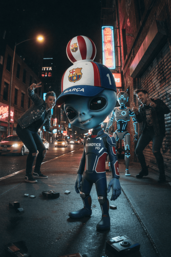 FC Barcelona football cap displayed on top of an alien, surrounded by another alien, a woman, and a man, presented by Ball on Top.