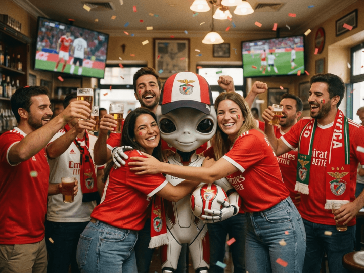 Alien wearing an SL Benfica LED cap surrounded and hugged by fans